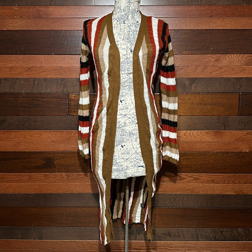 Love by Chesley Open Front Long Sleeve Black and Brown Striped Duster Cardigan